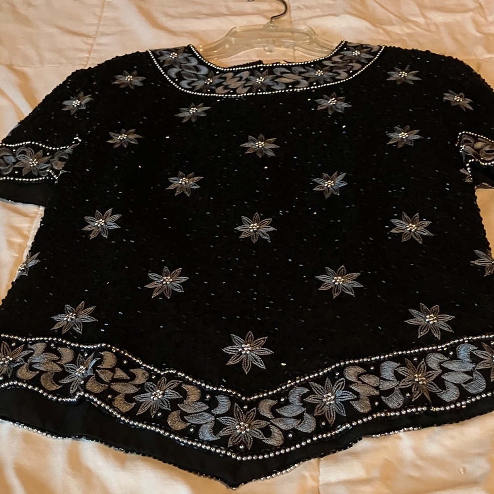 Papell Boutique Black and Silver Embellished Blouse